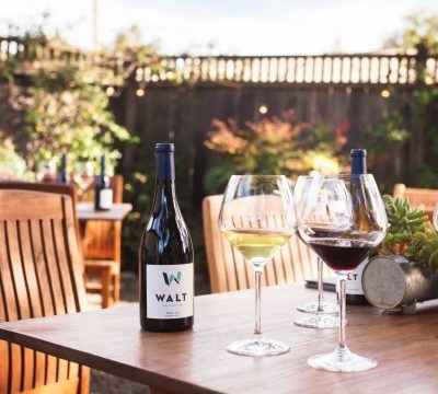 Walt Wines picture with glasses of wine sitting on an outdoor table.